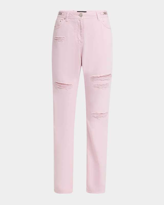 Chainmail Inset Distressed Pastel Denim Straight-Leg Pants